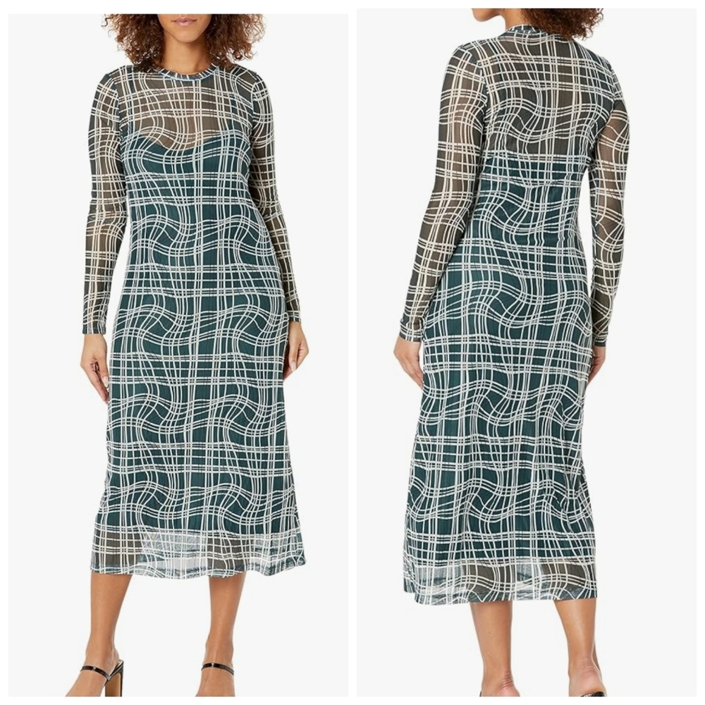 BCBGeneration Nwt Midi Sheath Dress Wavy Plaid Green Lightweight Long Sleeve XXS
